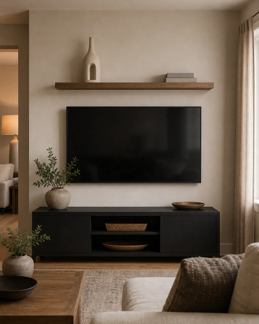 A single floating shelf mounted above a TV holding a few decorative objects, not storage bins