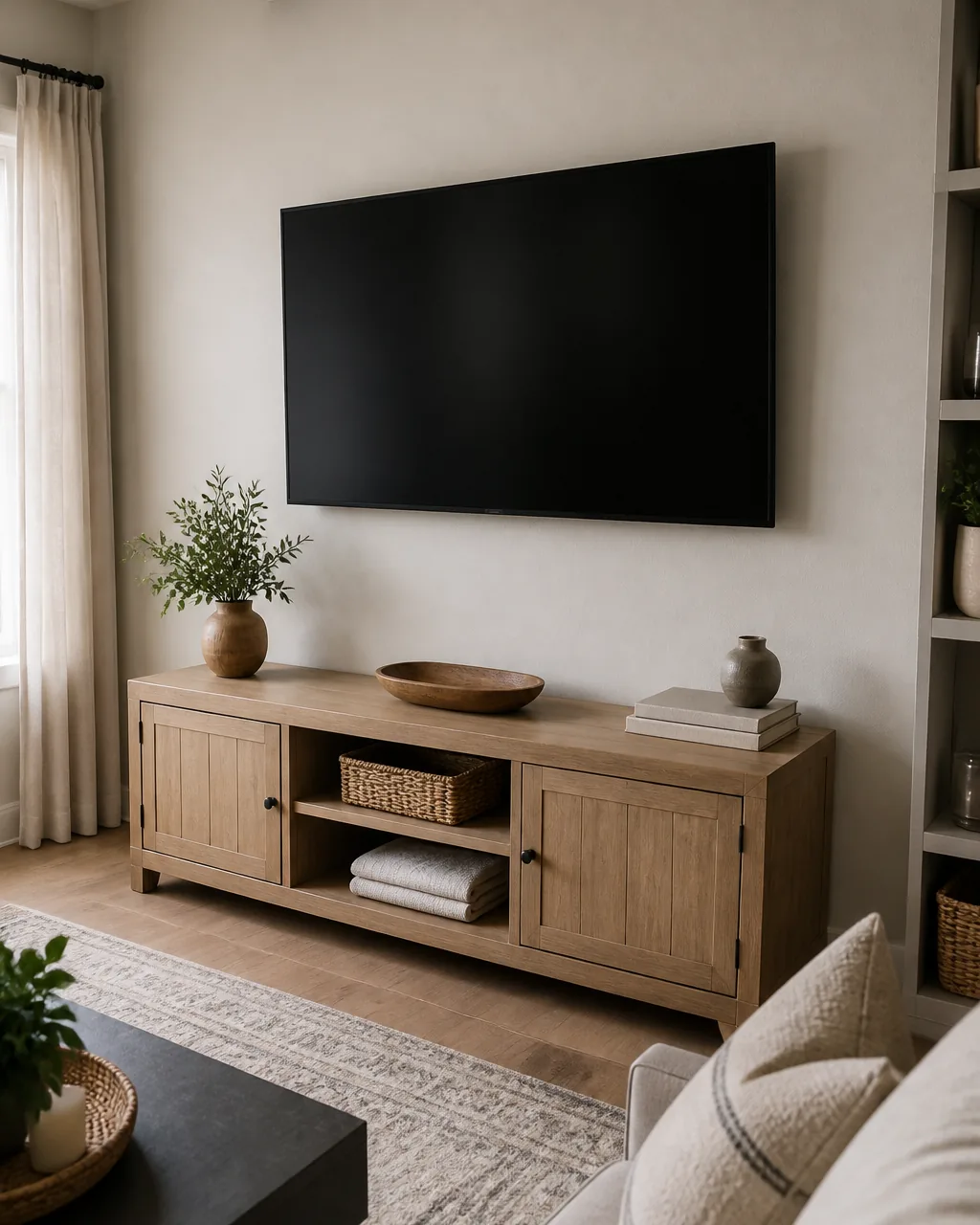 A clean wall behind a mounted TV with no visible cords, power and cable lines routed through an in-wall channel to an outlet below