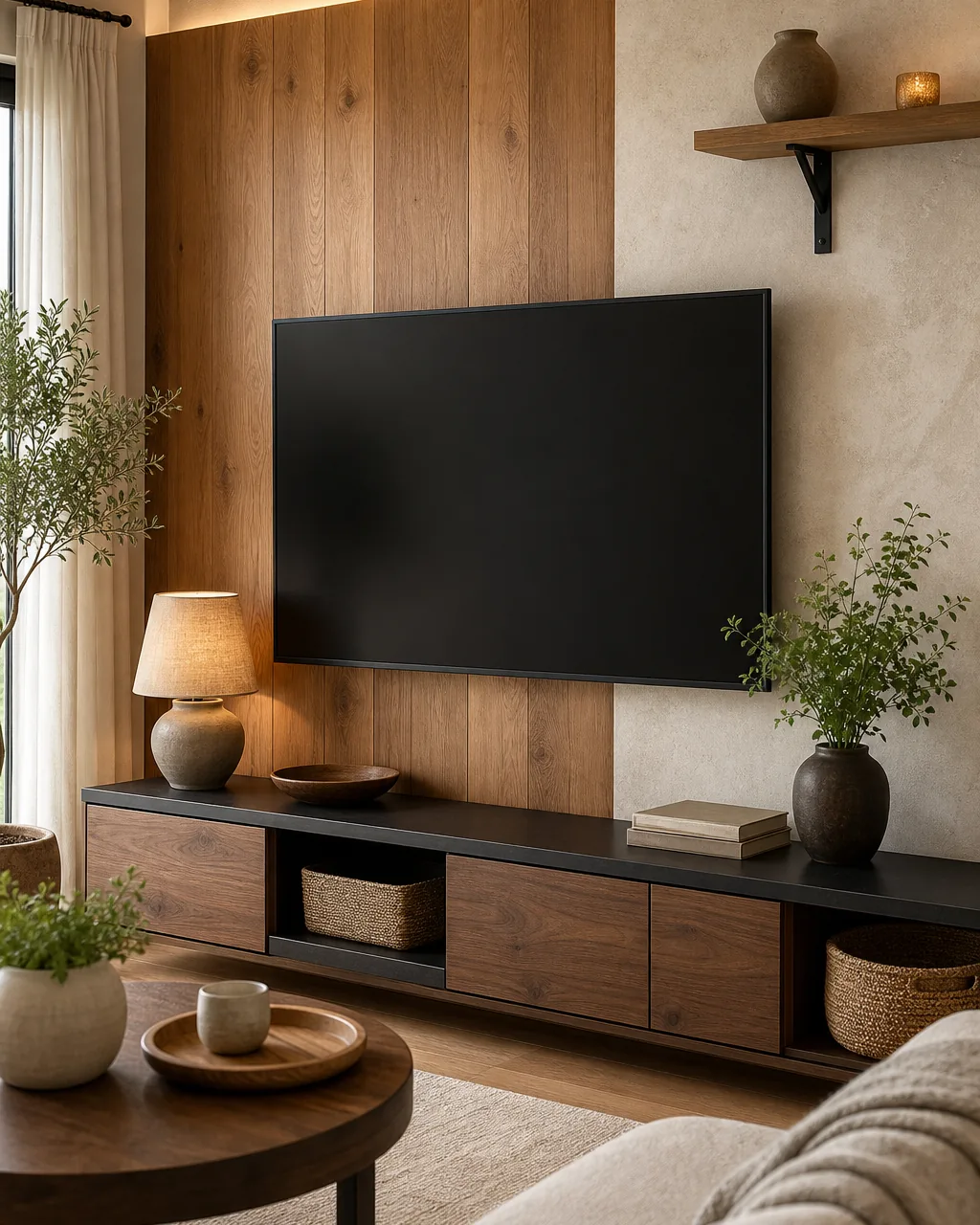 A TV wall combining wood paneling, a stone or plaster panel section, and a metal shelf bracket, three distinct materials visible together