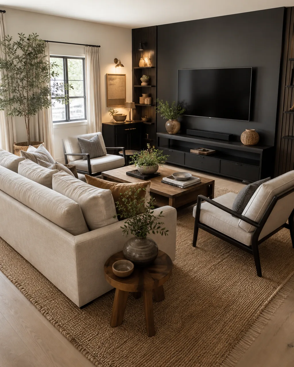 A large area rug under a sofa and coffee table, with all furniture legs resting on the rug facing the TV wall