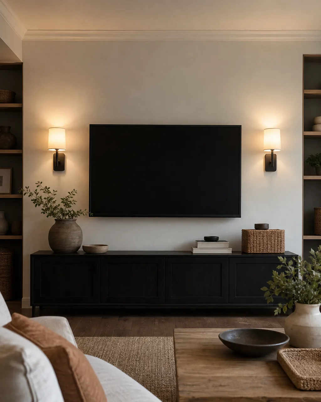 Two wall sconces mounted at seated eye height on either side of a TV, providing soft ambient light
