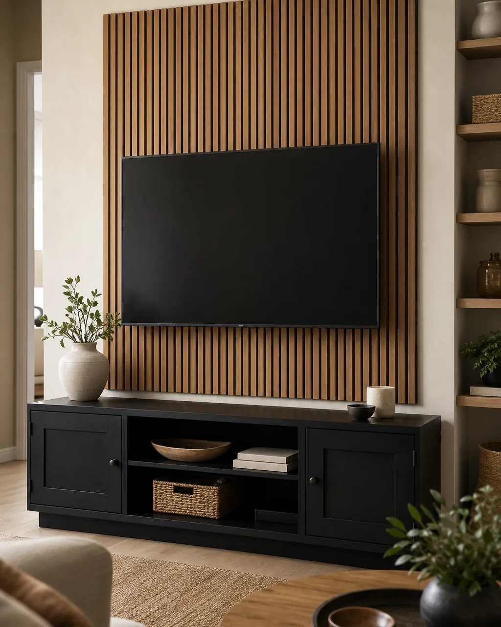 A vertical wood slat accent panel mounted on the wall directly behind a mounted TV, sized slightly larger than the screen