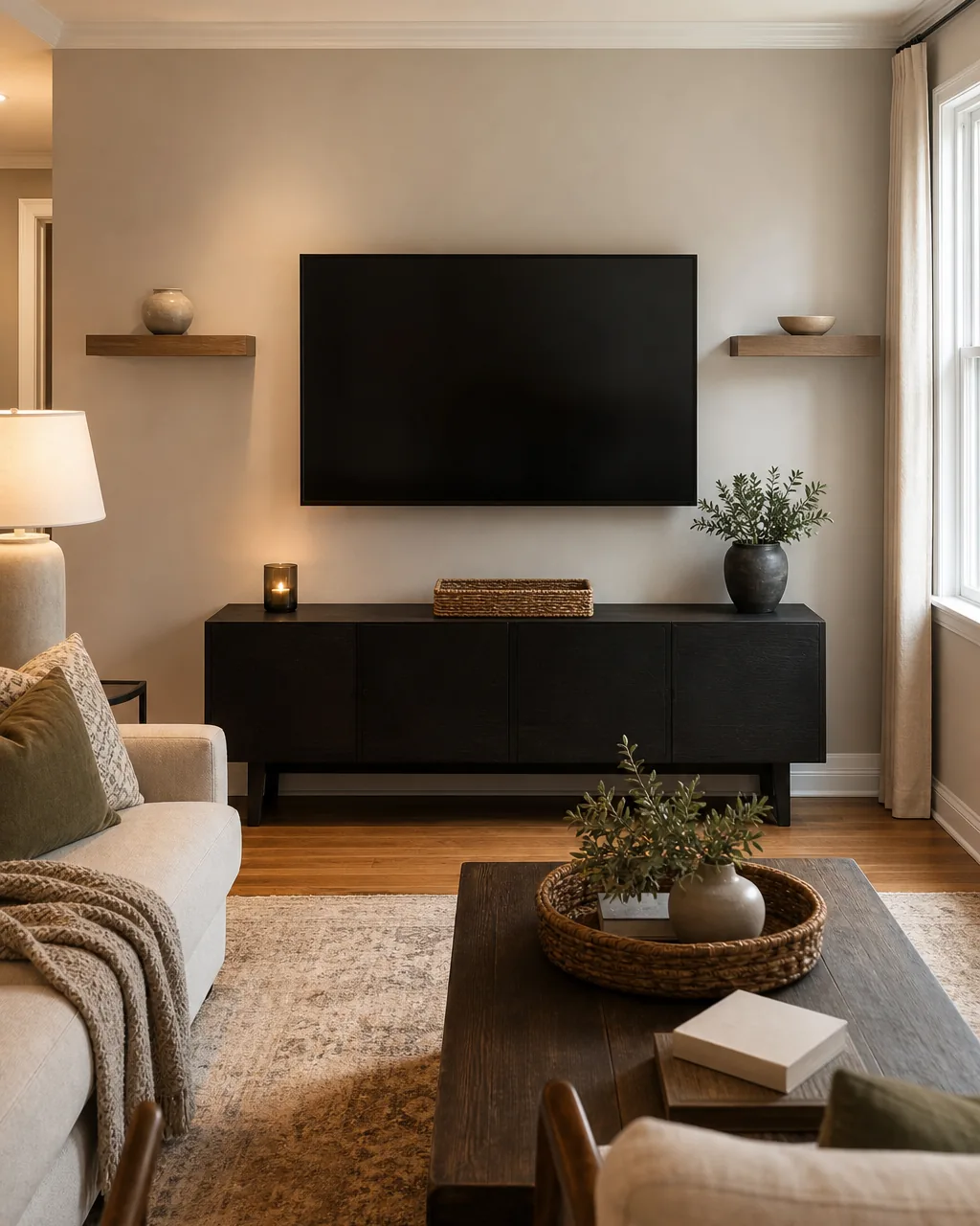 Two matching floating shelves mounted at identical height on either side of a wall-mounted TV