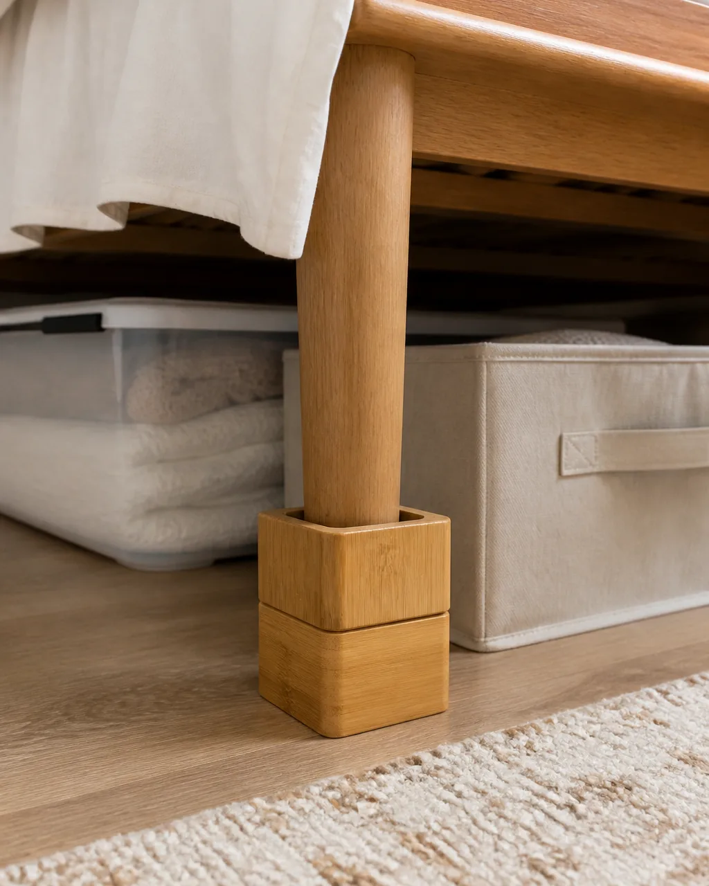 A close low-angle view of a wooden bed leg sitting inside a stackable bed riser, raising the frame a few inches off the floor
