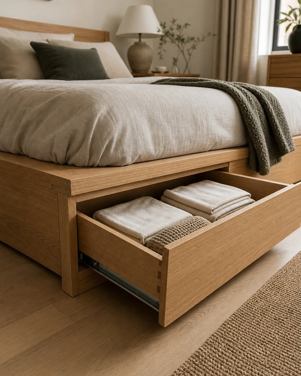 A platform bed frame with a built-in storage drawer pulled open at the base, folded linens visible neatly inside the drawer