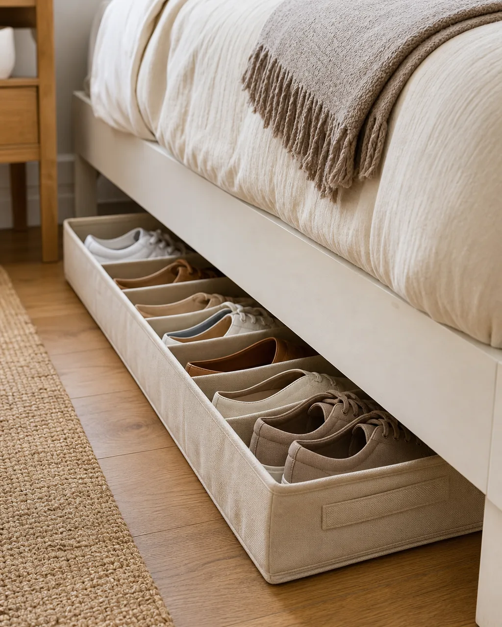 A flat under-bed shoe organizer with individual fabric slots, several pairs of shoes visible each in their own slot, partly slid out from under a bed