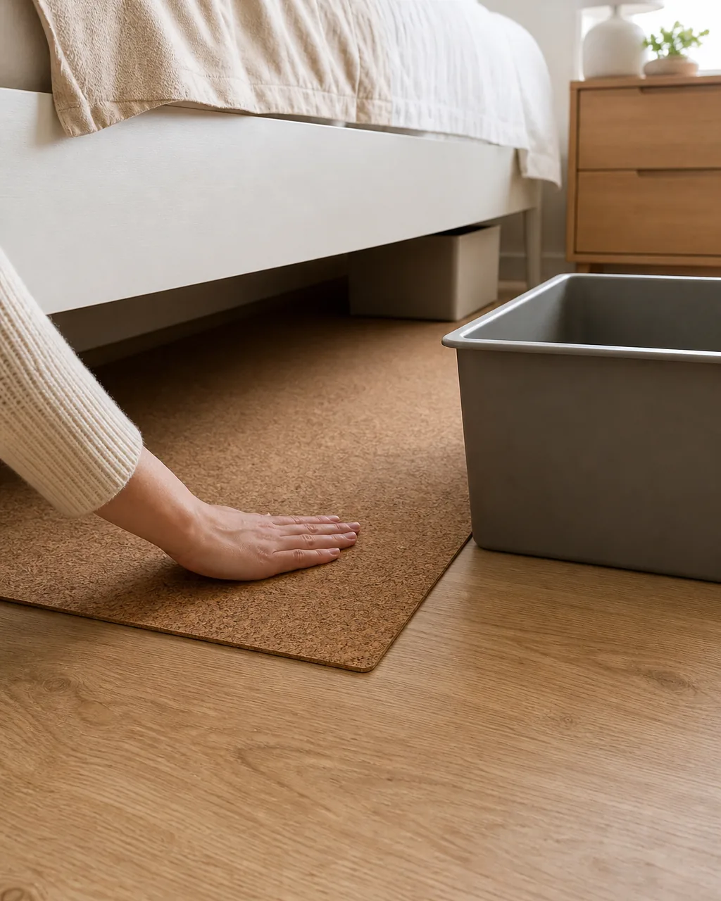 A thin cork floor liner being laid flat on the bedroom floor under a platform bed frame before a storage bin is set on top of it