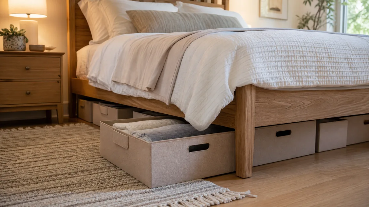 A wide editorial view of a real home bedroom with a neatly made bed, low fabric storage bins visible tucked under the frame, one bin pulled partway out into the room