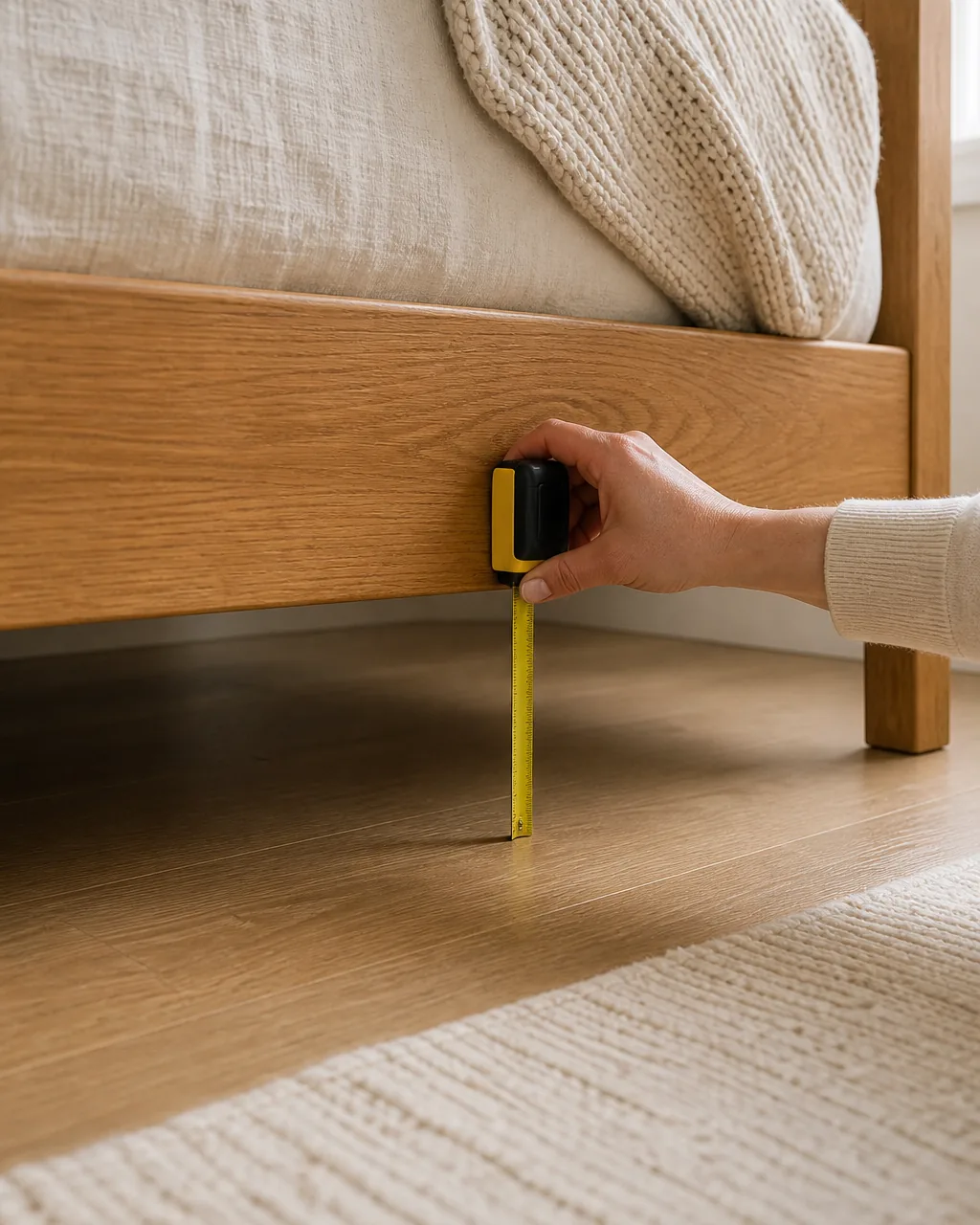 A tape measure held at floor level measuring the open vertical gap between the floor and the bottom of a bed frame, no bins in the shot yet