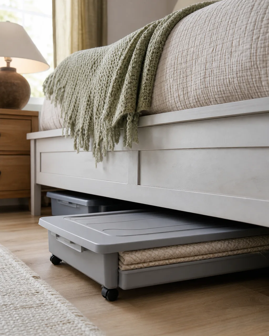 A low-profile rolling storage bin with small wheels, only a few inches tall, partly pulled out from under a bed frame with tight clearance