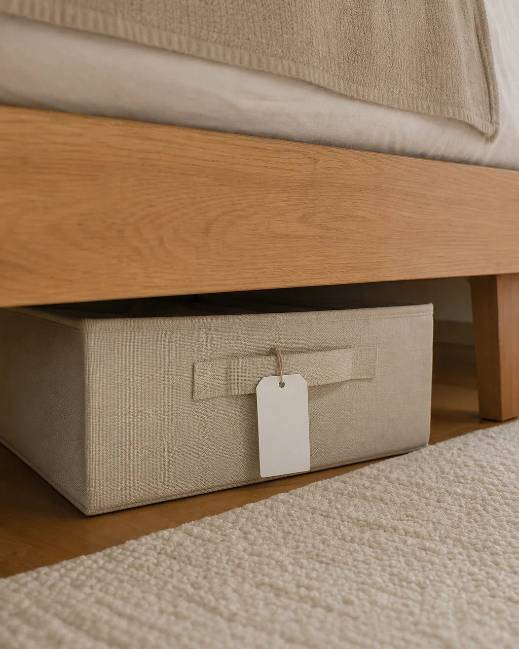 A fabric storage bin under a bed with a blank label tag attached to its short outward-facing end, positioned so the tag would be visible without pulling the bin out