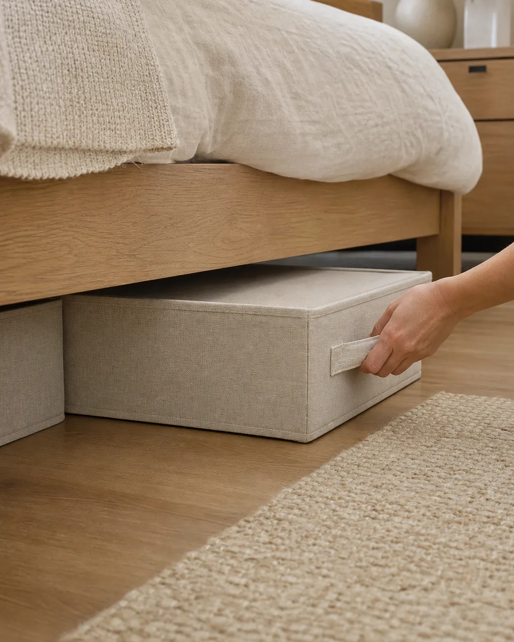 A low fabric storage bin with a handle mounted on its short side end rather than on top, a hand gripping the side handle to pull it out from under a low bed frame