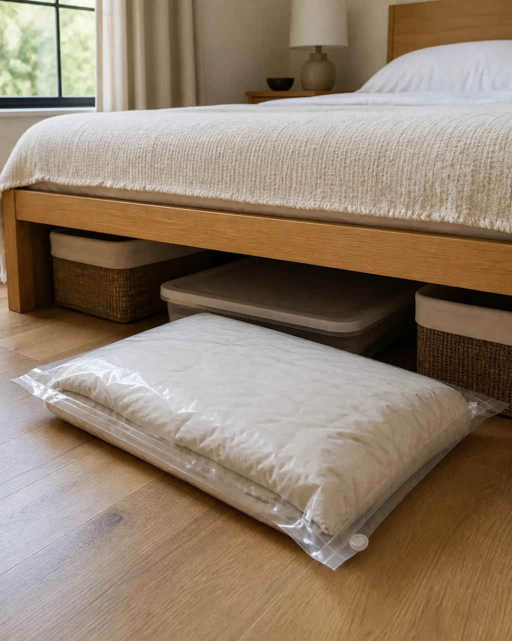 A flat vacuum-sealed storage bag holding a folded comforter, compressed thin, sitting on the floor next to a low bed frame ready to slide underneath