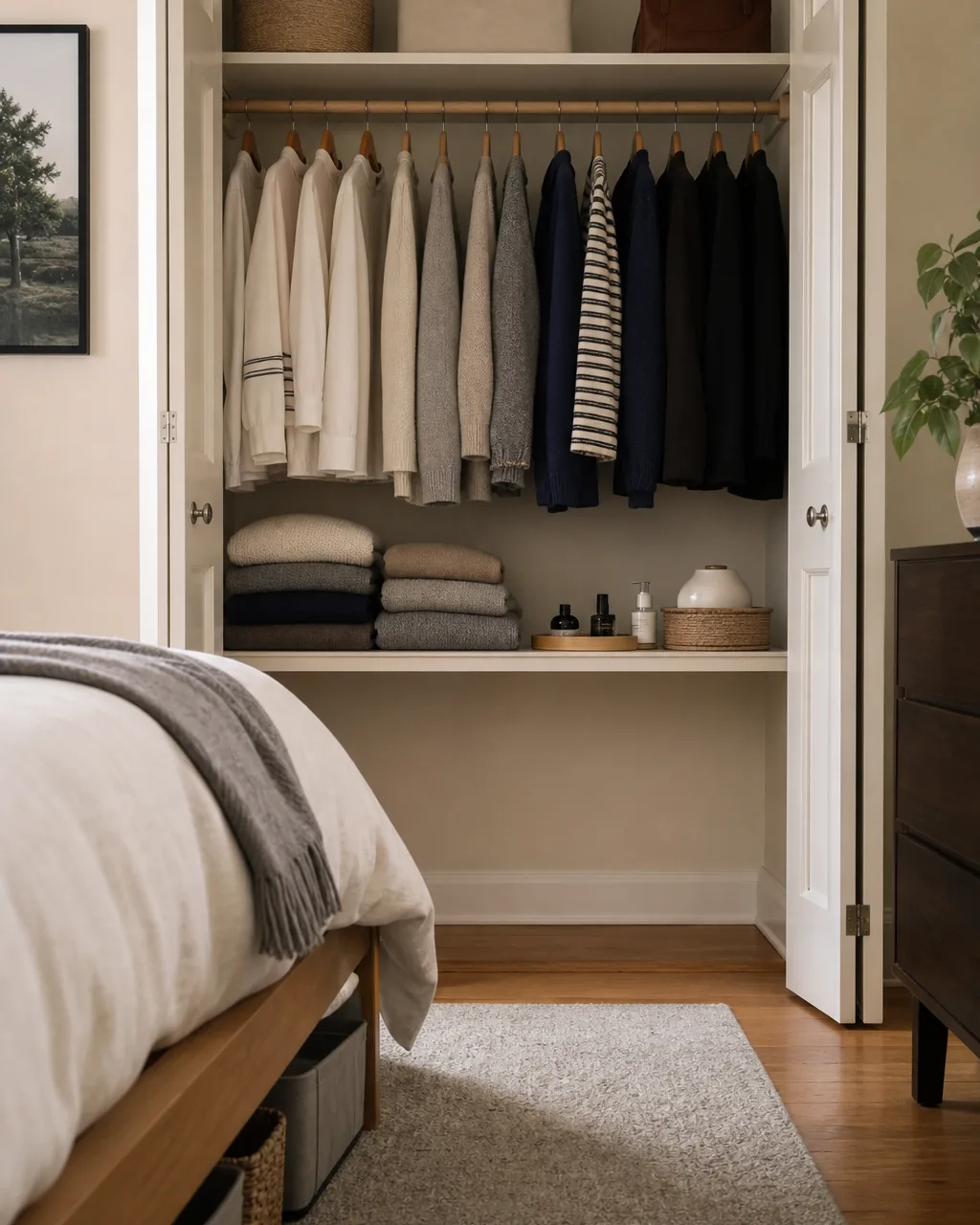 An open bedroom closet with folded sweaters and daily-use items on a standing-height shelf, shown as the alternative to kneeling at a low bed frame