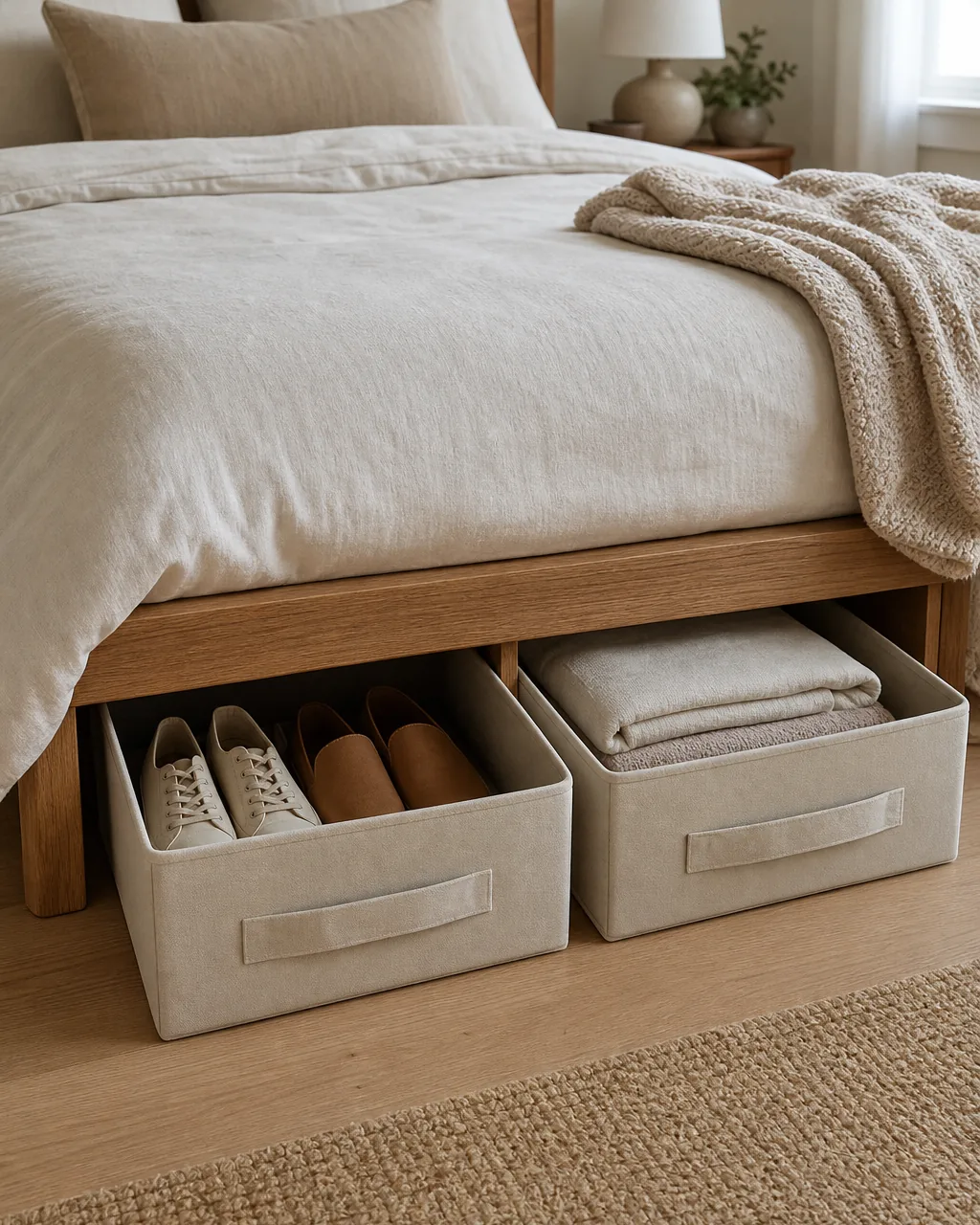 Two separate fabric storage bins side by side under a bed frame, one holding pairs of shoes and the other holding folded linens, clearly divided into two zones