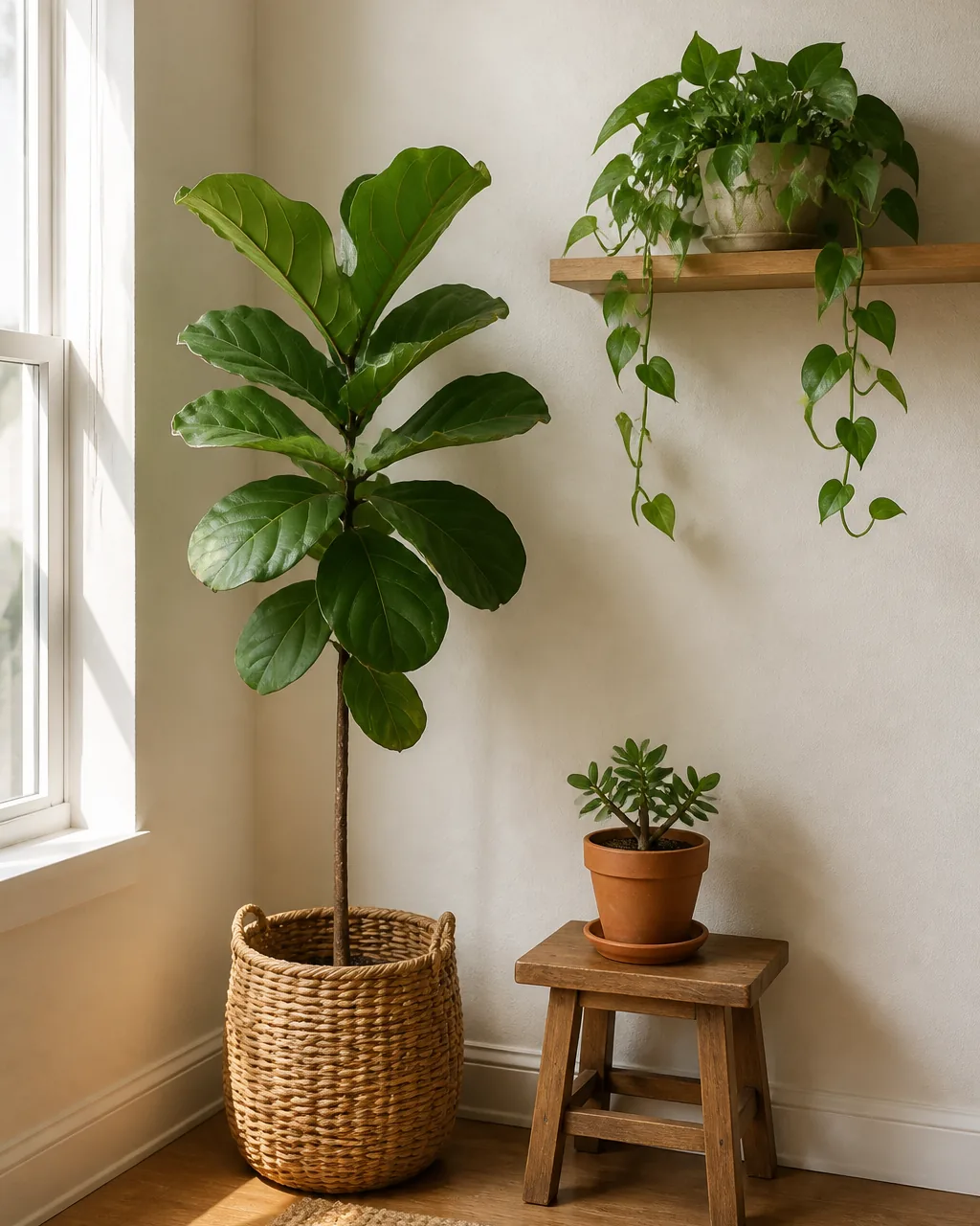 Add indoor plants at different heights in a warmly styled apartment