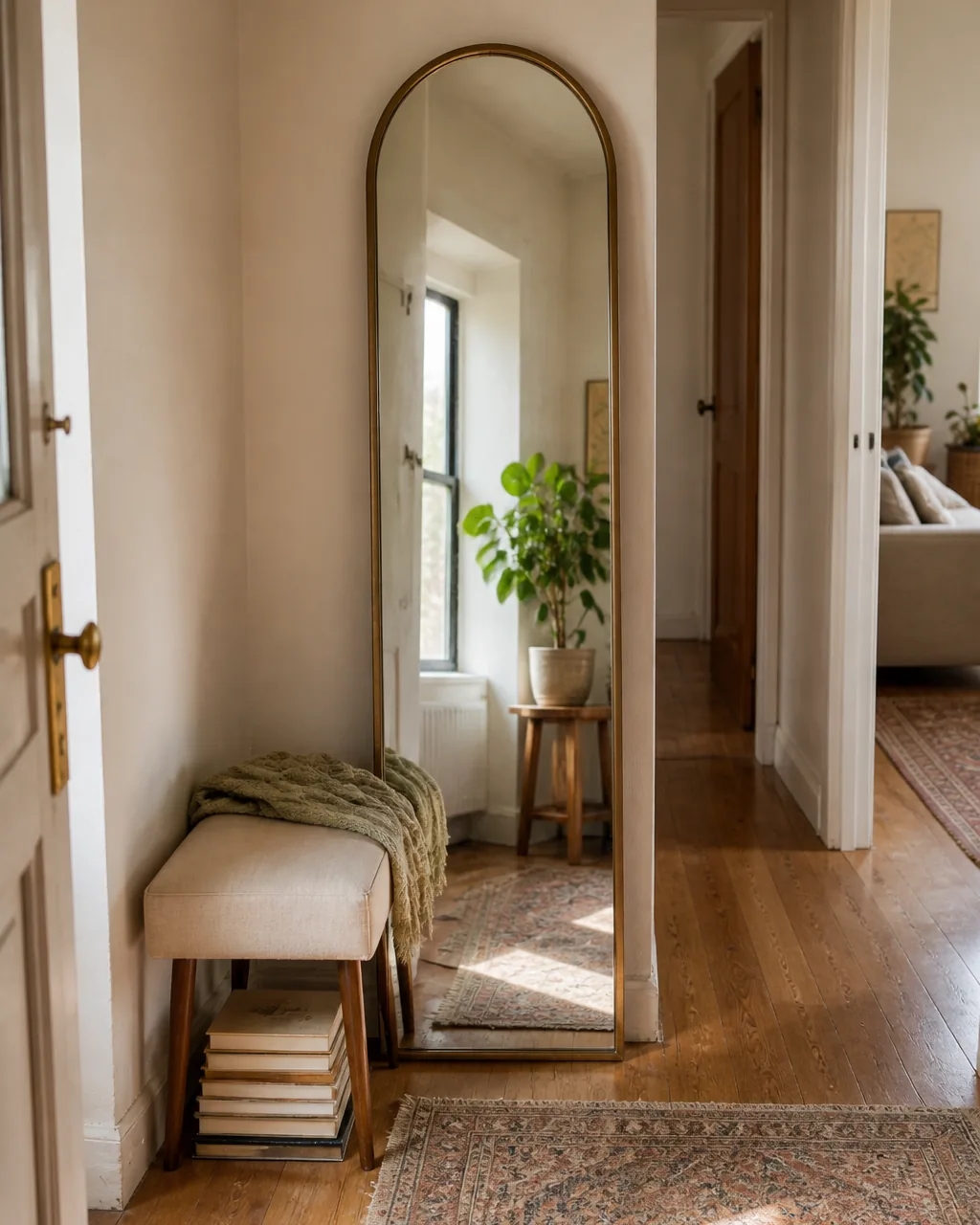 Add a large leaning mirror in a warmly styled apartment