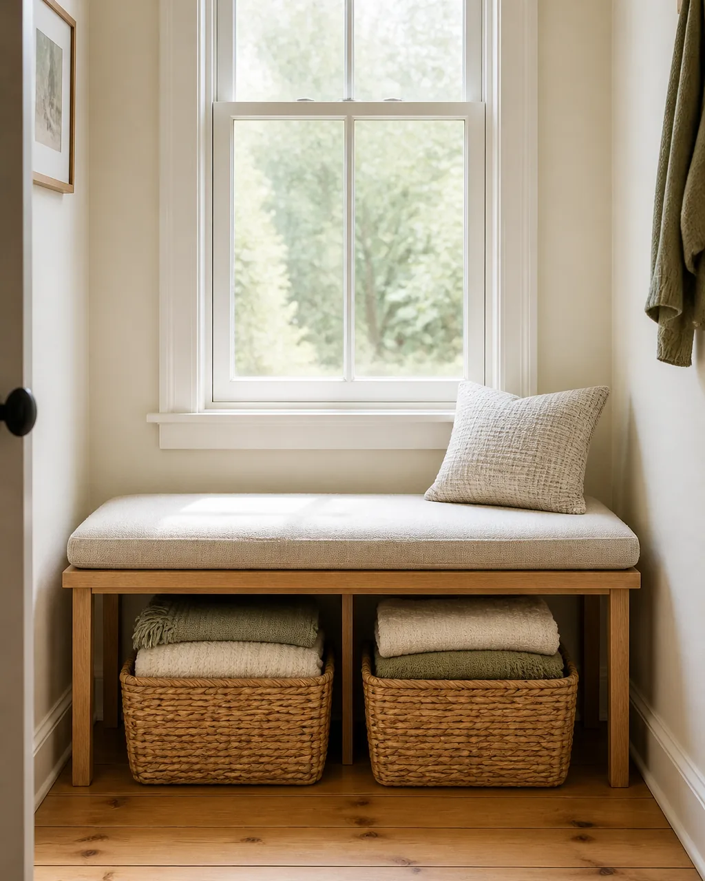Add a window seat or bench with storage in a warmly styled apartment