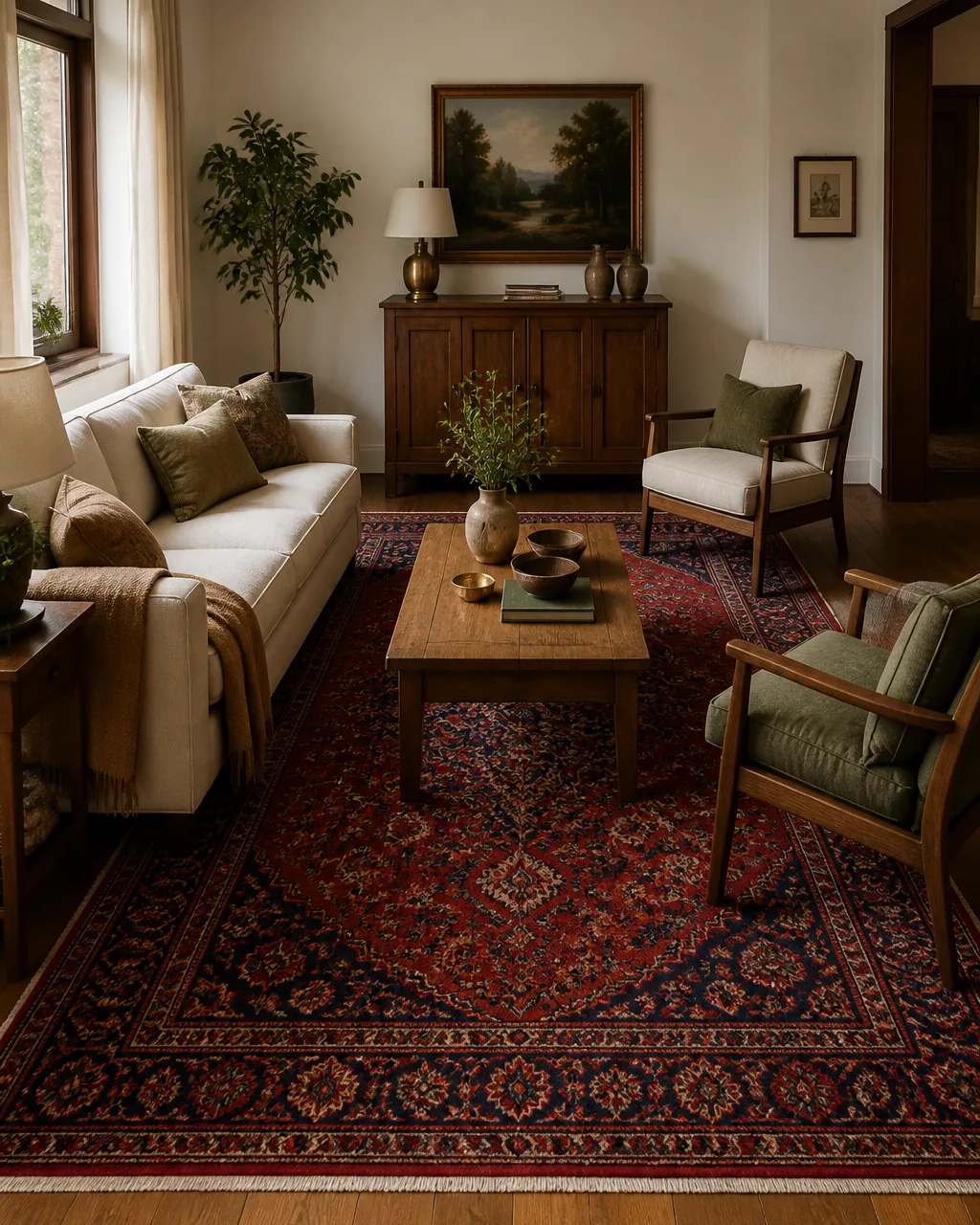 Anchor the living room with a statement rug in a warmly styled apartment