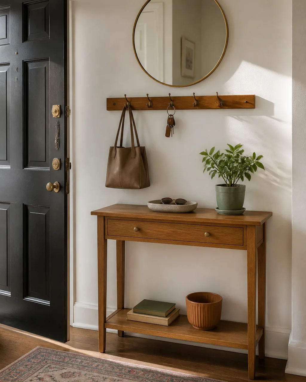 Create a dedicated entry moment in a warmly styled apartment