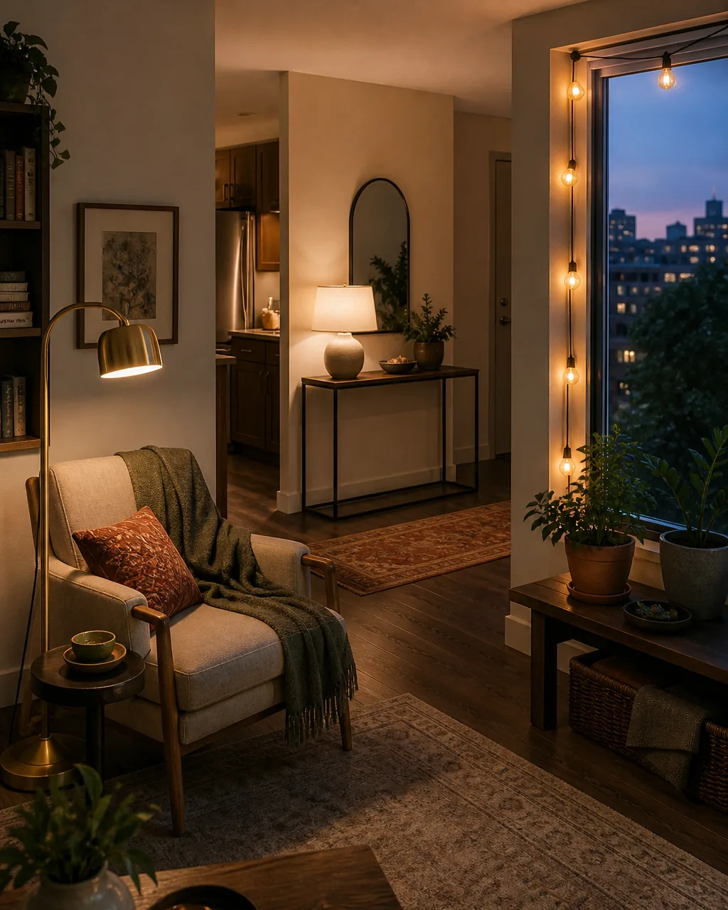 Create zones with intentional lighting layers in a warmly styled apartment