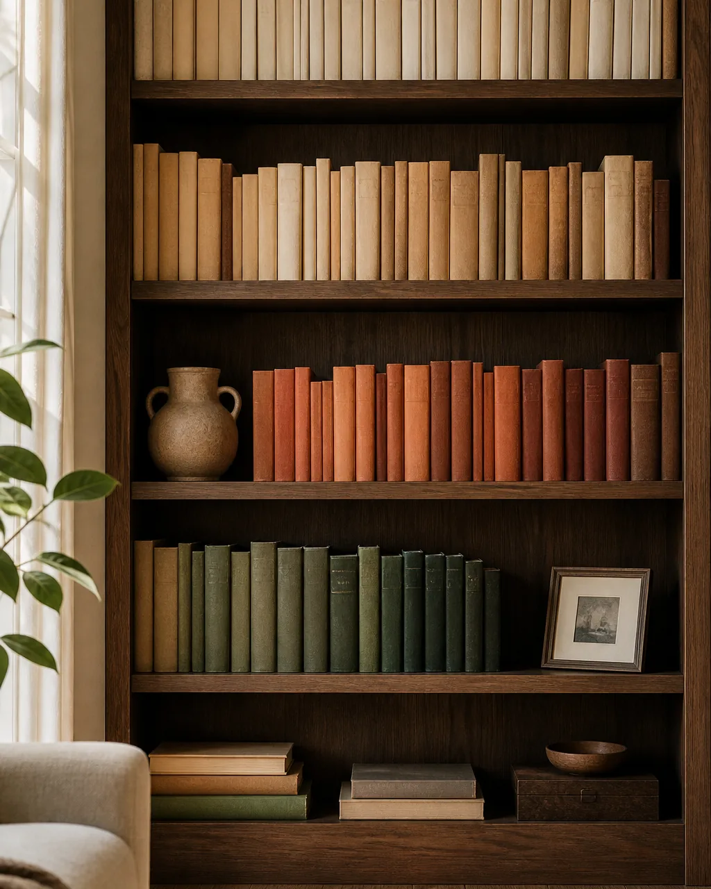 Display books by color or theme in a warmly styled apartment