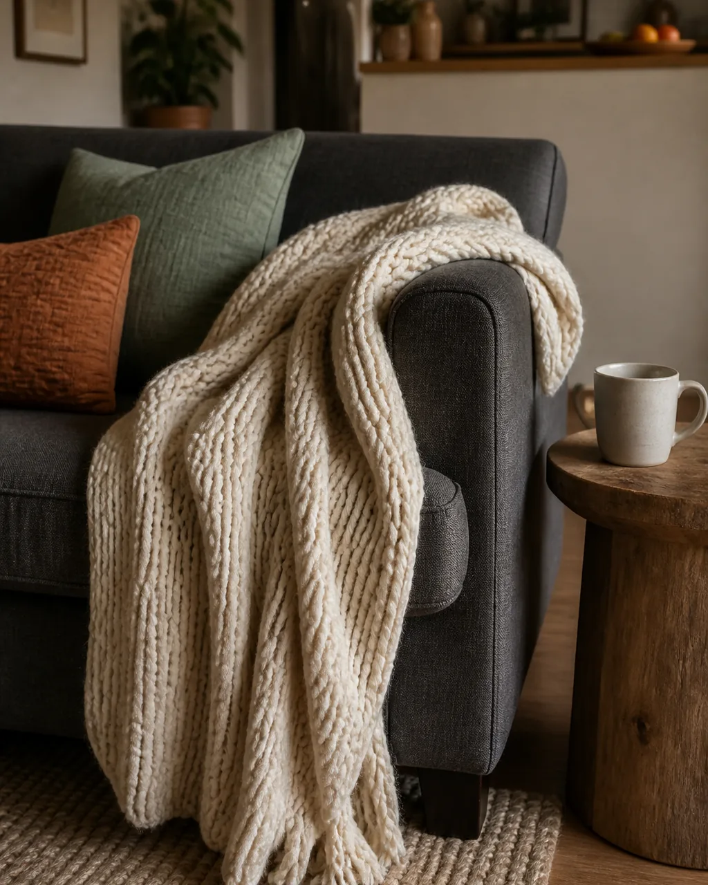 Drape a throw blanket over furniture in a warmly styled apartment