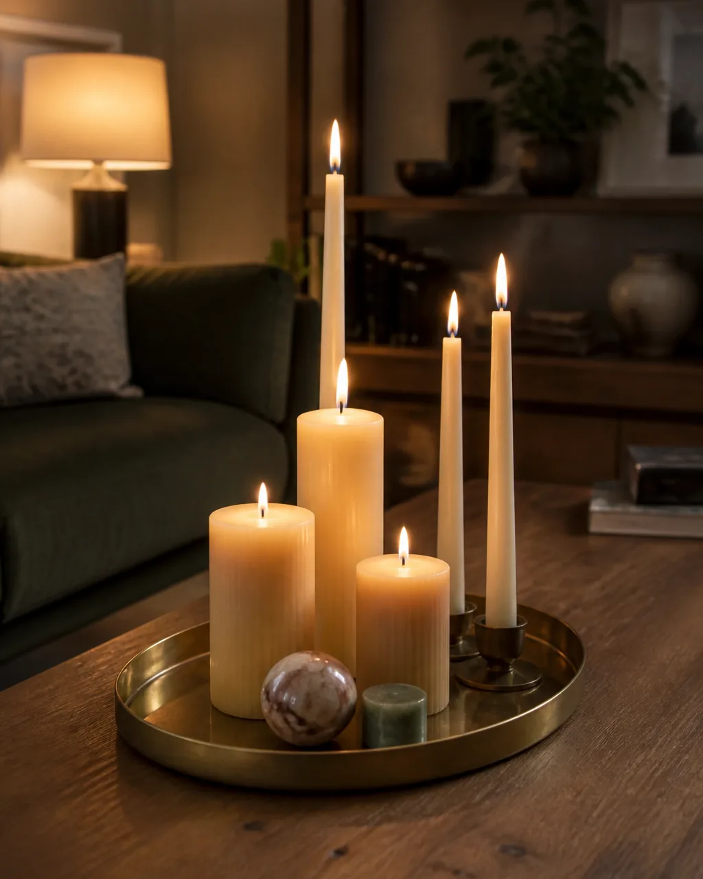 Group candles on a tray in a warmly styled apartment