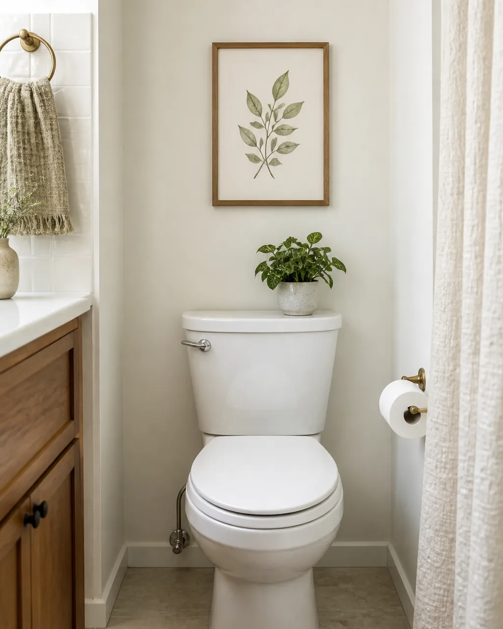Hang art in the bathroom in a warmly styled apartment
