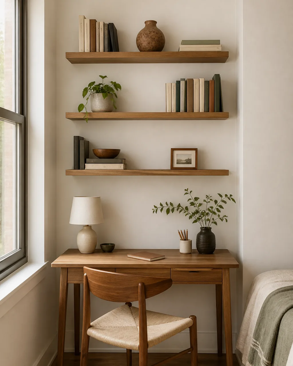 Install floating shelves for vertical storage in a warmly styled apartment