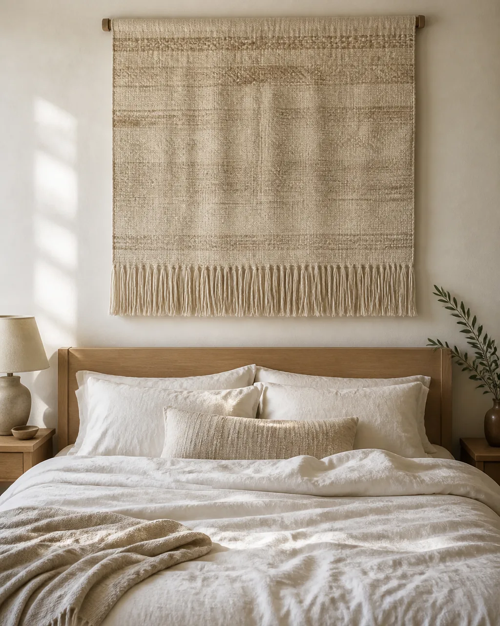 Introduce a woven or textured wall hanging in a warmly styled apartment