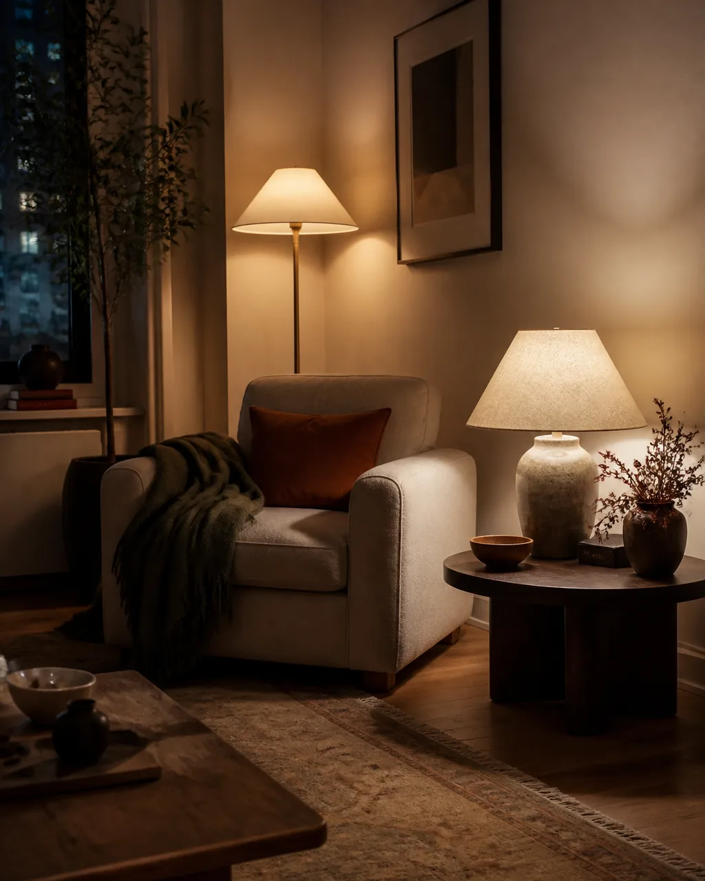 Layer ambient lighting with table and floor lamps in a warmly styled apartment
