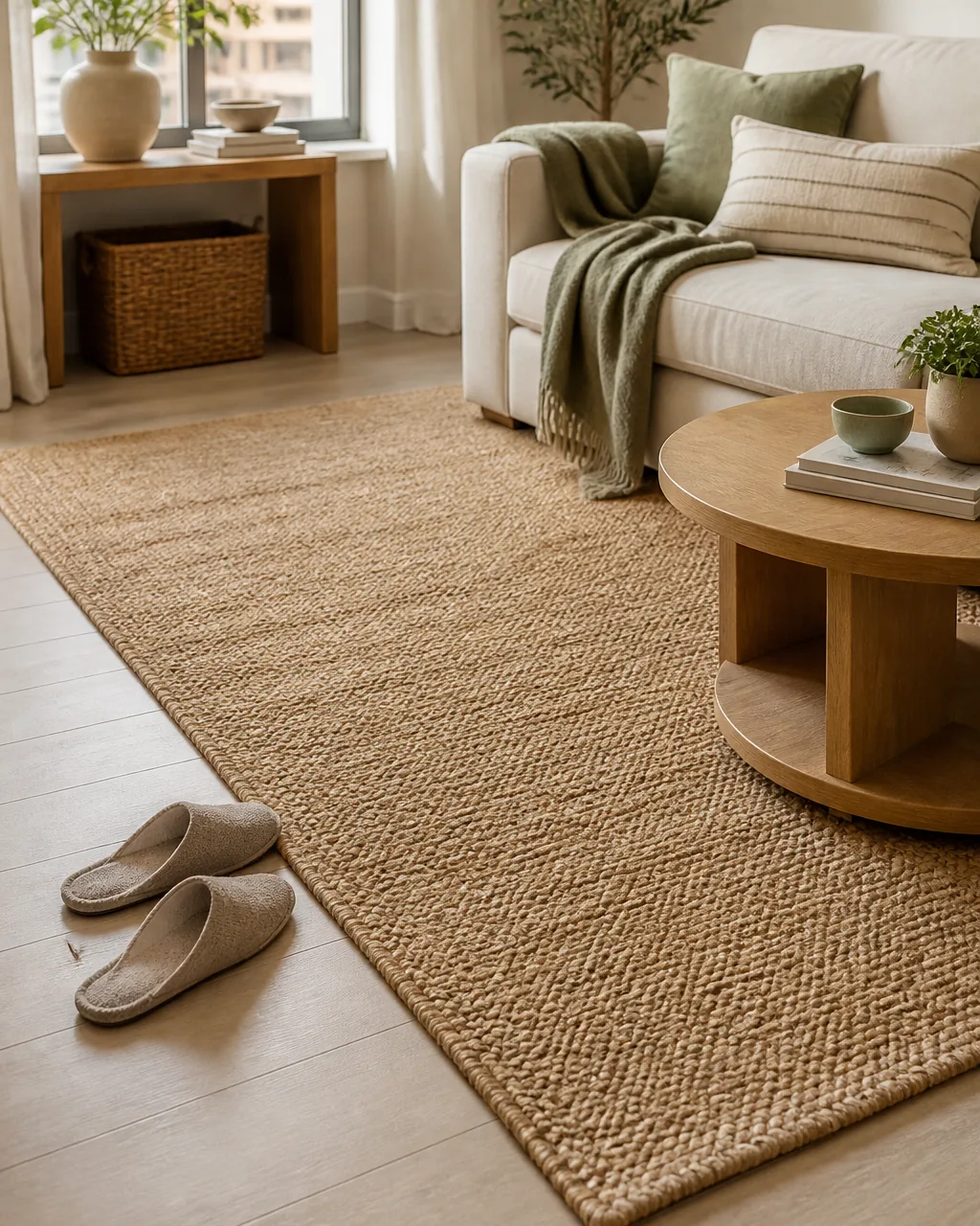 Layer area rugs over basic flooring in a warmly styled apartment