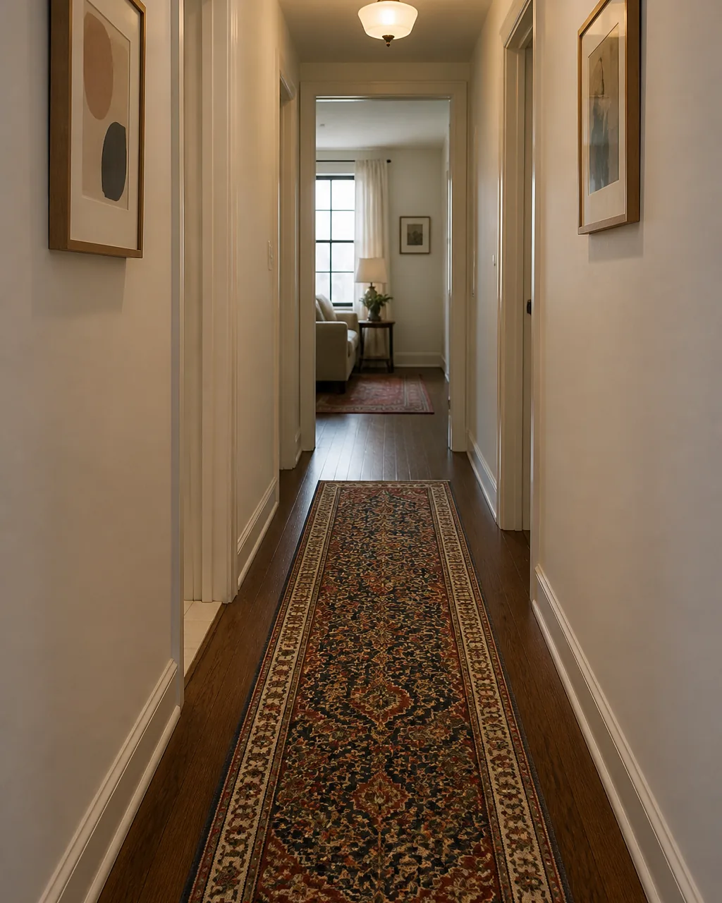 Line a hallway or nook with a runner in a warmly styled apartment