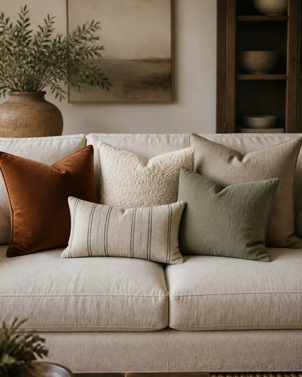 Mix throw pillows in odd numbers in a warmly styled apartment
