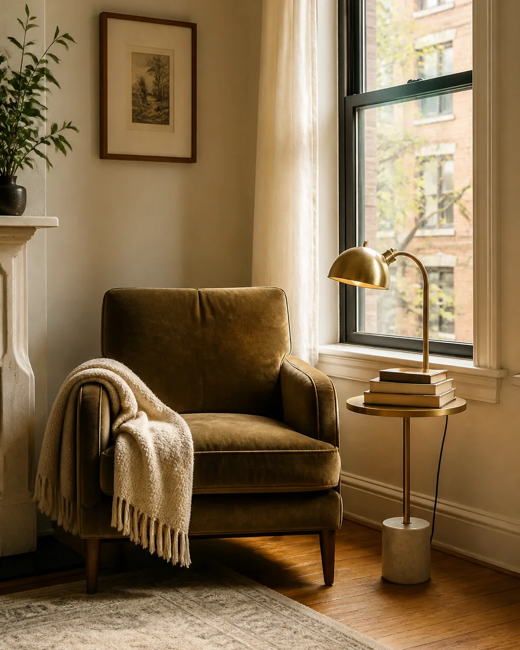 Set up a cozy reading nook in a warmly styled apartment