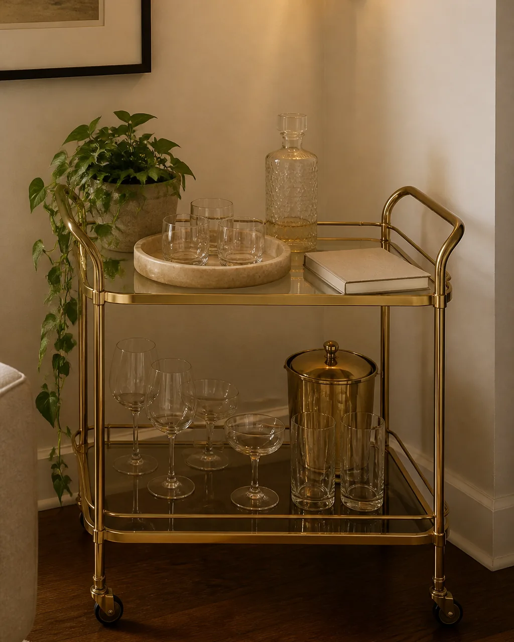 Style a bar cart as a decorative vignette in a warmly styled apartment