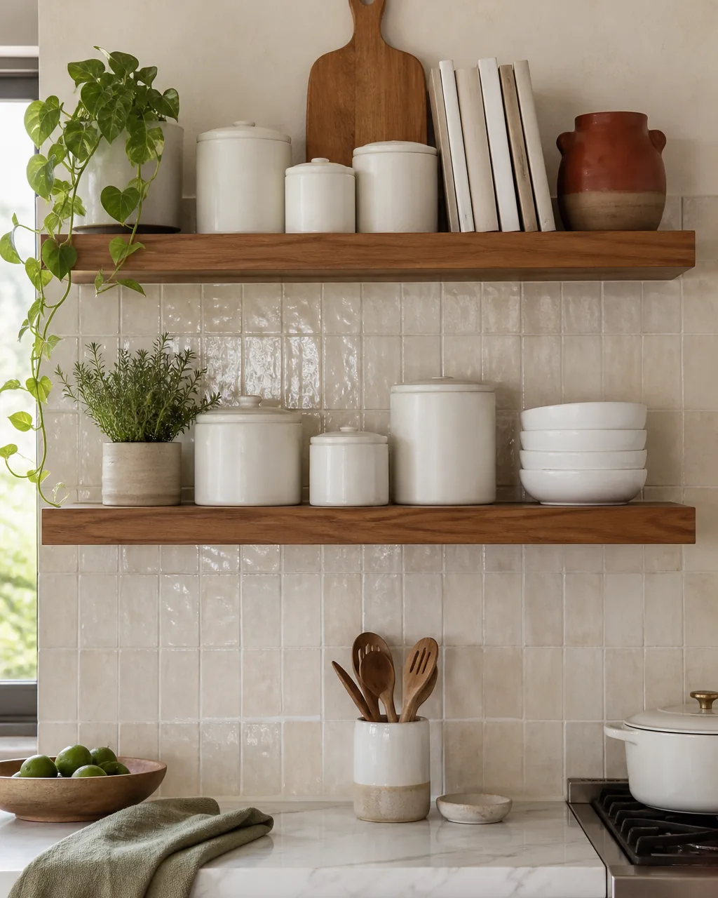 Style open kitchen shelving in a warmly styled apartment
