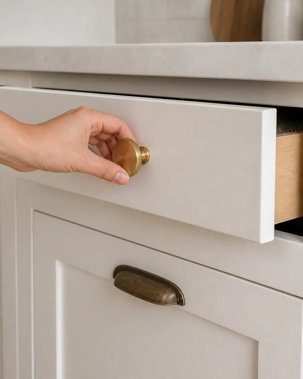 Upgrade hardware on cabinets and drawers in a warmly styled apartment