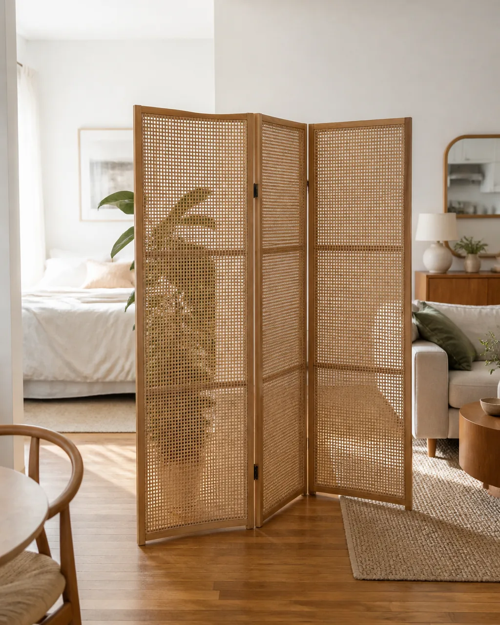 Use a folding screen as a room divider in a warmly styled apartment