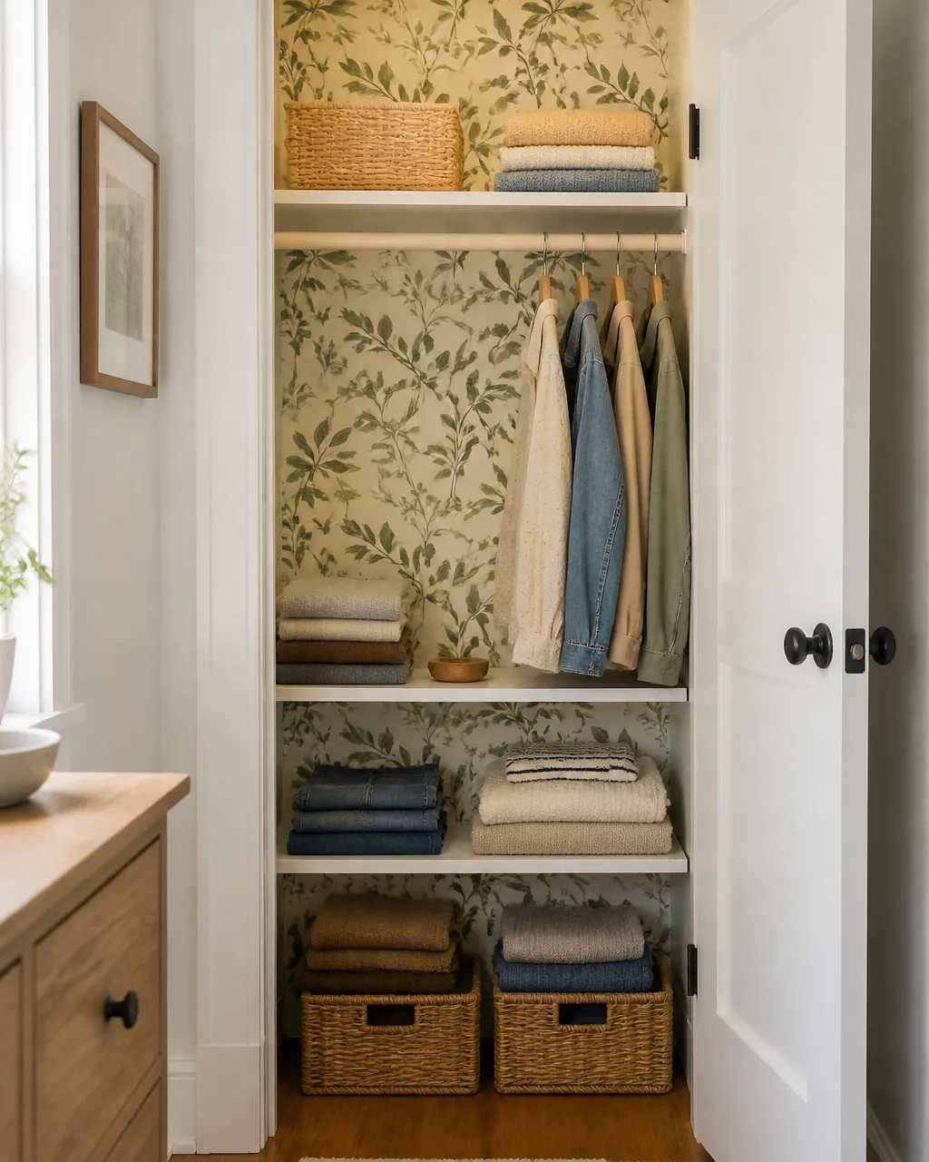Use peel-and-stick wallpaper on one surface in a warmly styled apartment