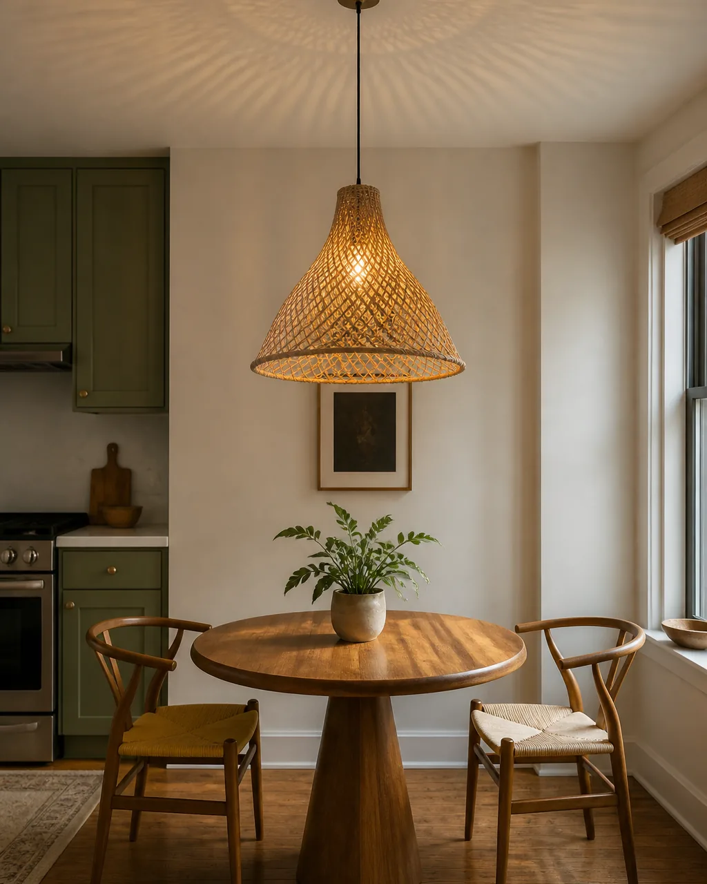 Use a statement light fixture as a focal point in a warmly styled apartment