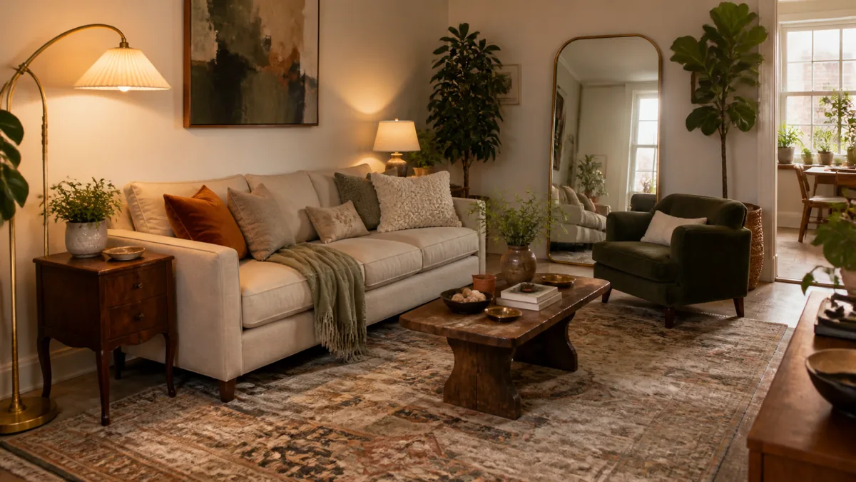 A beautifully decorated apartment living room with a vintage rug, layered throw pillows, warm lamp light, indoor plants at varying heights, and a leaning mirror reflecting the window