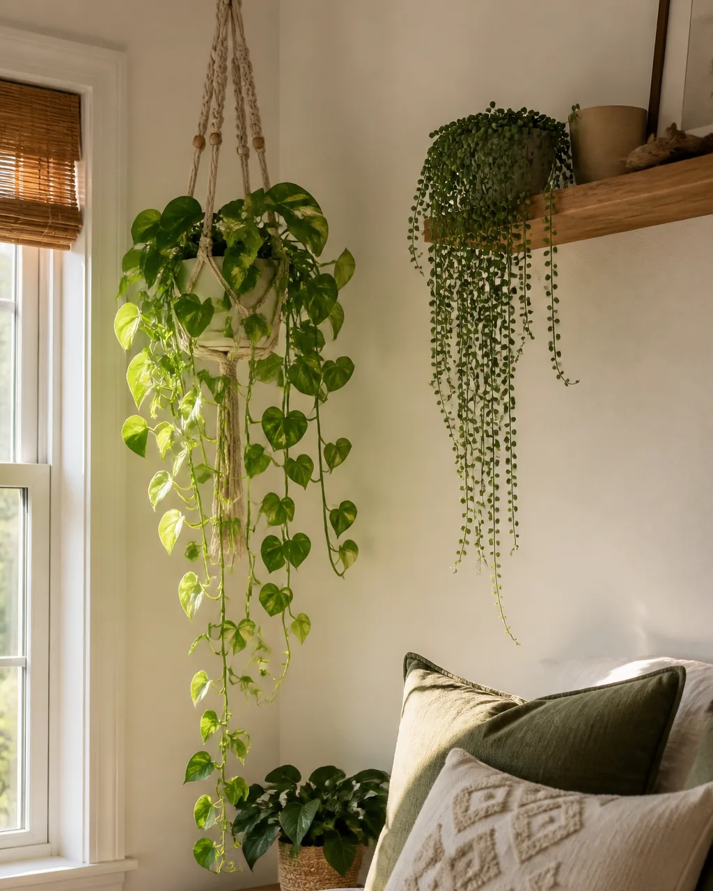 A macramé plant hanger near a window holding a trailing pothos with long cascading vines, and a string-of-pearls on a high shelf beside it