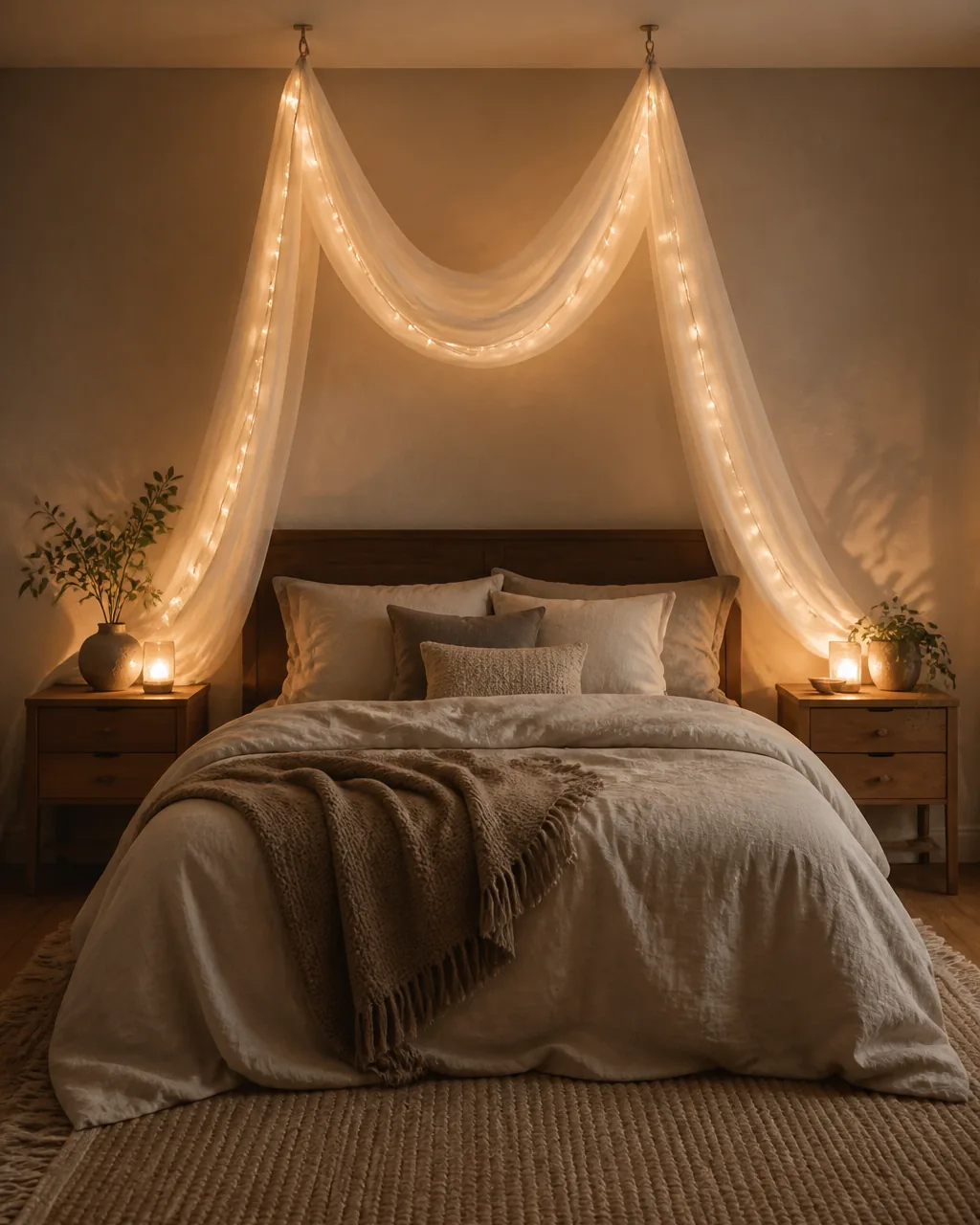 Sheer white muslin draped from ceiling hooks above a bed creating a soft canopy effect with warm string lights woven into the fabric