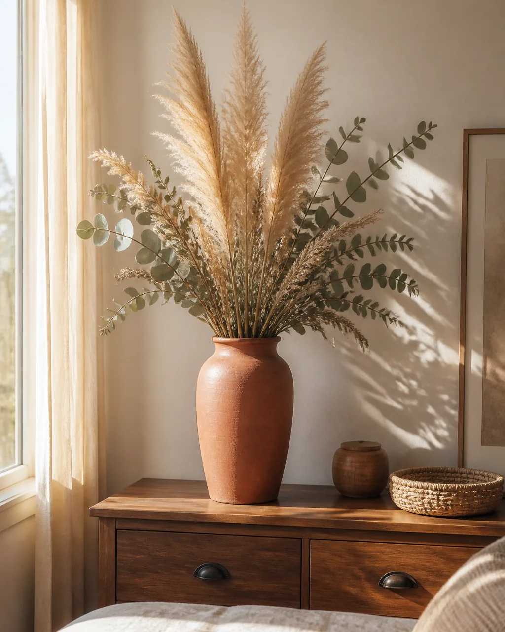 A tall terracotta ceramic vase on a dresser holding dried pampas grass plumes and preserved eucalyptus branches in warm window light