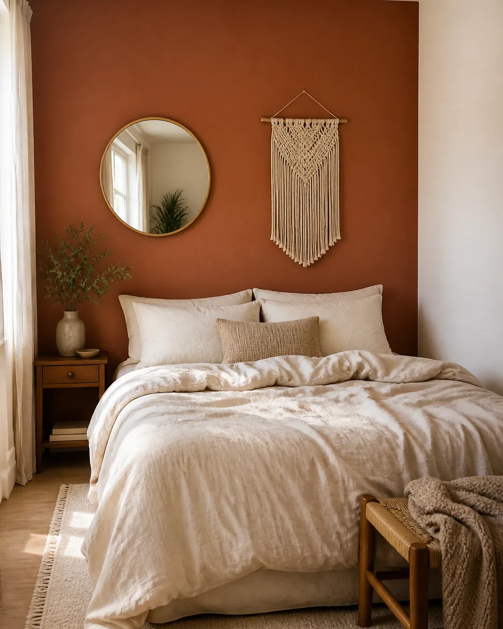 A bedroom with one wall painted in warm terracotta clay tone, cream linen bedding against the wall, a round mirror and macramé piece on the painted surface