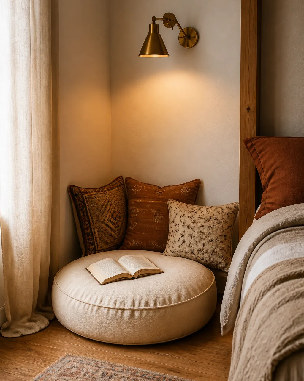 A cozy reading nook in a bedroom corner with a round floor pouf, earthy patterned throw cushions, and a brass wall-mounted reading light