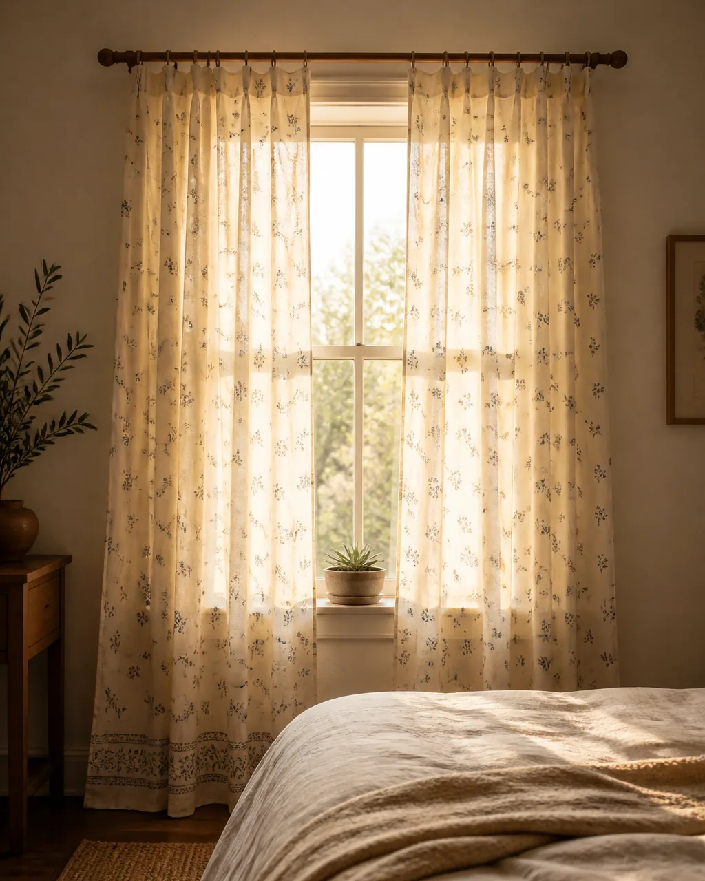 Lightweight cotton curtains with a subtle Indian block-print floral motif in indigo on cream, hanging from a wooden rod with warm sunlight filtering through