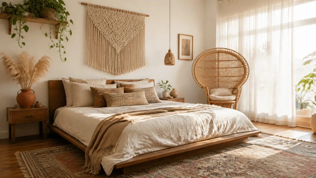 A bright bohemian bedroom with a low wooden platform bed, layered cream linen bedding, a large macramé wall hanging above the headboard, and a rattan peacock chair near a window